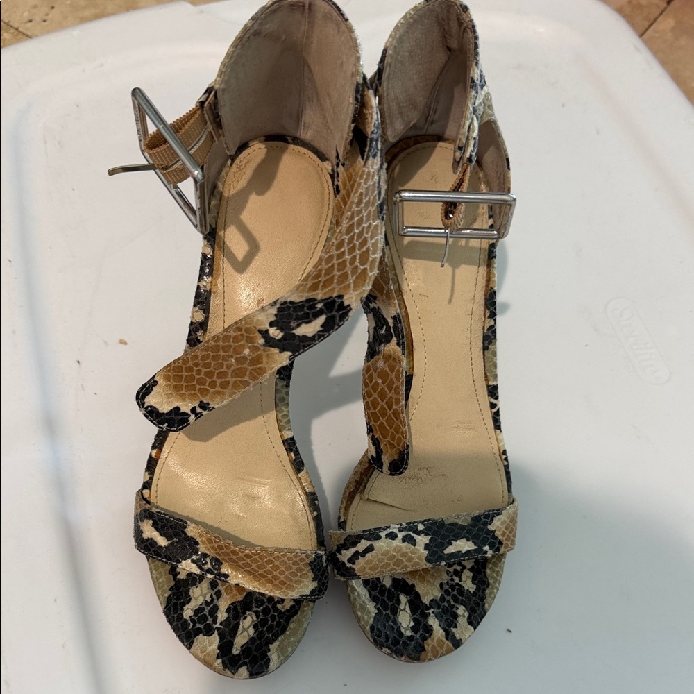 Calvin Klein Snake-Print Ankle Strap Sandals in Tan and Black
